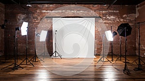 professional photo studio with cameras, tripods, lights, softboxes, backdrops