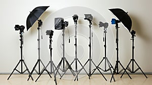 Professional photo studio equipment with cameras, tripods, lighting, and backdrops