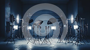 Professional photo studio setup with cameras, tripods, lighting, softboxes