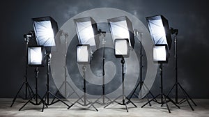 Professional photo studio setup with cameras, tripods, lighting, softboxes, and backdrops