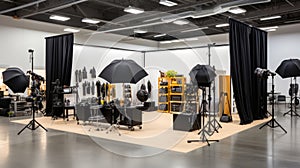 Professional photo studio setup with cameras, tripods, lighting, softboxes, and backdrops