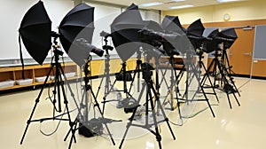 Professional photo studio setup including cameras, tripods, lighting, softboxes, and backdrops