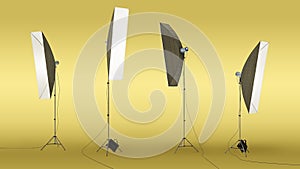 Professional photo studio strobe light with stripbox modifier isolated on yellow background. Realistic spotlight 3D