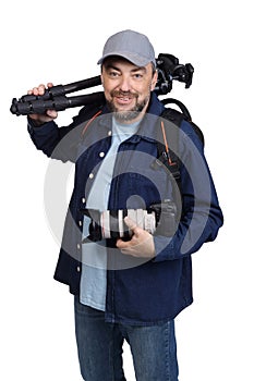 Professional photographer with camera and tripod on white background