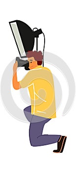 Professional photographer. Cartoon man taking pictures. Male squatted down and shoots photos. Character work with camera