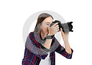 Professional photographer taking picture on white