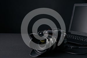 Professional photography camera,modern laptop, home illustration & equipments