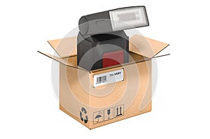 Professional photography electronic external flash inside cardboard box, delivery concept. 3D rendering