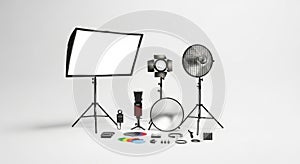 Professional photography lighting equipment setup on a white background studio