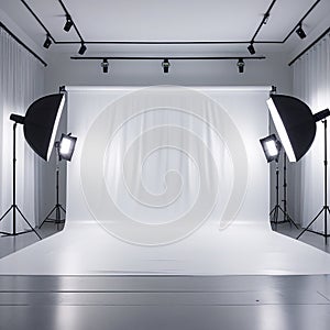 Professional Photography Studio Setup With Softbox Lights And White Backdrop lighting