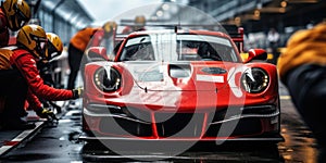 Professional pit crew ready for action as their team\'s race car arrives in the pit lane during a pitstop photo