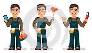 Professional plumber in uniform, set of three poses.