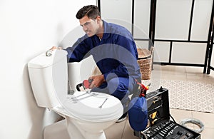 Professional plumber working with toilet bowl