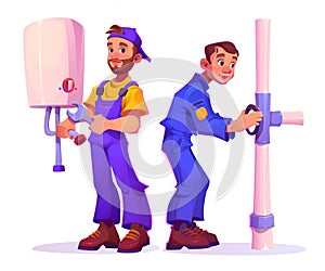 Professional plumbers in uniform install boiler.