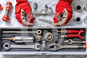 Professional plumbing tools and red gloves neatly organized in a toolbox.