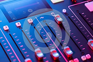 Professional podcast mixing console with faders and adjusting buttons, Audio sound mixer console. Sound mixing desk. Music mixer c