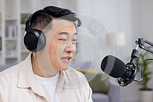 Professional podcaster recording a show in a home studio