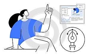 Professional analyzing data with digital design elements and interactive charts in creative workspace