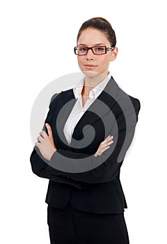 Professional portrait, arms crossed and woman confidence in legal business work, law firm pride or corporate job career