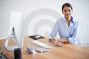 Professional, portrait and woman in office with computer for administration, assistant or secretary. Business, clerk and