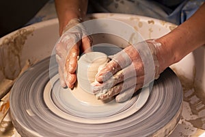 Professional potter making bowl in pottery workshop, studio