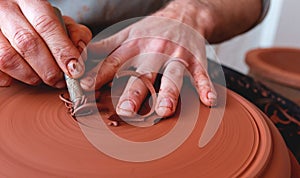 Professional potter making bowl in pottery workshop, studio