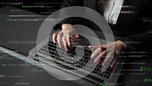 Professional Programmer Coding on Laptop with Digital Programming Code Overlay in Modern Office Environment xenic