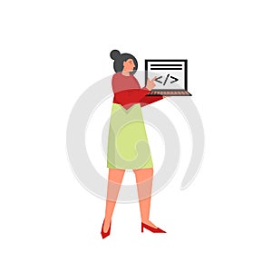 Professional programmer with laptop, vector flat style design illustration