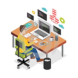 Professional programmer working writing code on laptop computer at desk. Programmer developer workplace. Flat 3d isometric technol