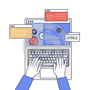 Professional programming outline vector illustration. Software engineering, computer program development, bug fixing
