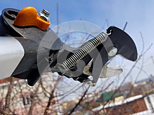 Professional pruner with tensioner and chain for trimming trees against the sky
