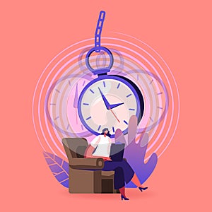 Professional Psychiatrist Female Character Sit in Armchair Write in Notebook with Huge Swinging Pocket Watch