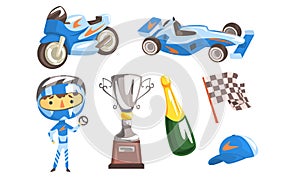 Professional Race Driver with Equipment Set, Winner Cup, Racing Flag, Trophy Cup, Sport Car and Motorcycle, Bottle of