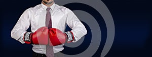 Professional ready for any challange in conceptual banner with boxing gloves