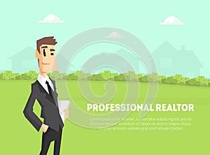 Professional Realtor Banner Template, Businessman, Real Estate Agent Standing on Nature Background with Silhouettes of