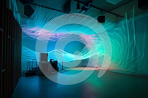 Professional recording studio equipment in a blue virtual environment