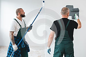 Professional renovation crew painting walls of new build apartment