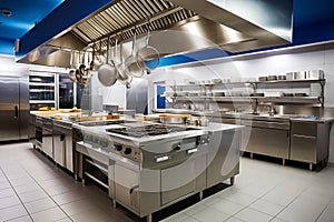 Professional restaurant kitchen interior with stainless steel equipment utensils and appliances. Ergonomic design for professional