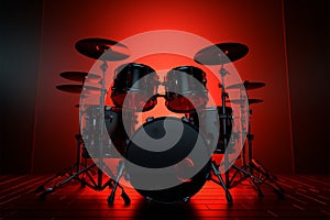 Professional rock drum kit with red backlight in a dark room, 3D rendering