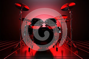 Professional rock drum kit with red backlight in a dark room, 3D rendering