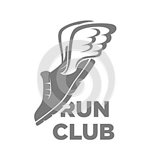 Professional run club logotype with flying shoe illustration