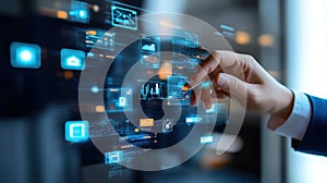 Futuristic Data Interface: Hand Interacting with Digital Business Analytics