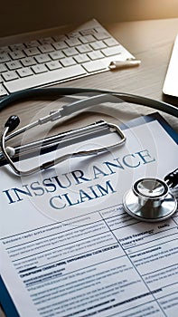 A professional scene in a medical office with a laid insurance claim form.