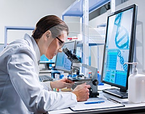 Professional scientist is working on a vaccine in a modern scientific research laboratory. Genetic engineer workplace