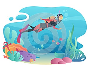 Professional Scuba Diver man dives in the ocean. Underwater swiming. Summer vacation concept of sport active holidays.