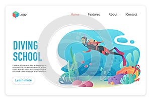 Professional scuba diver man underwater. Diveng club. Diving school landing page template vector illustration.