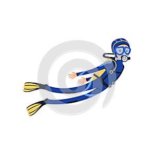 Professional scuba diver swimming underwater. Cartoon man character in special diving costume, mask, flippers and