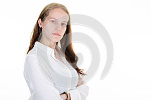 Professional serious cheerful woman businesswoman arms crossed in white background