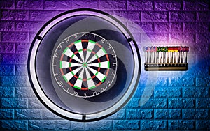 Professional sisal steeldart board with steel dart holder in colorful LED illumination white stone wall. leisure time hobby sport