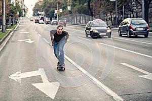 Professional skateboarder riding a skateboard slope on the capital city streets